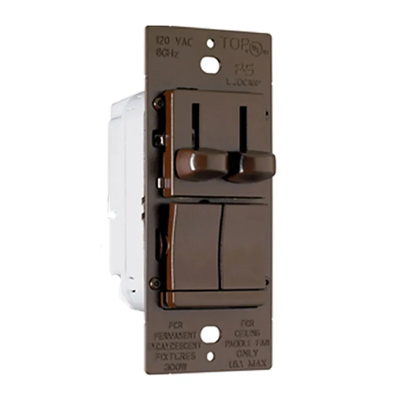 Industrial Task Lighting for Precision WorkstationsDual Slide LED Dimmer and 3-Speed Fan Control, Single Pole or 3 Way, Preset, Brown Industrial Task Lighting for Precision WorkstationsDual Slide LED Dimmer and 3-Speed Fan Control, Single Pole or 3 Way, Preset, Brown