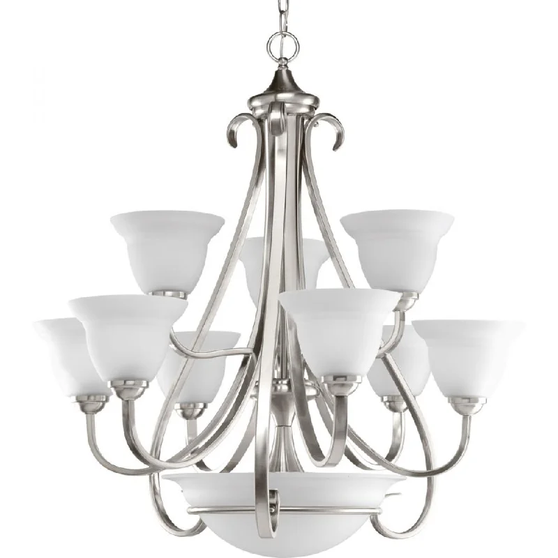 Chandeliers with Metal Frames in Gold FinishChandeliers with Metal Frames in Gold FinishTorino Collection Nine-Light Brushed Nickel Etched Glass Transitional Chandelier Light