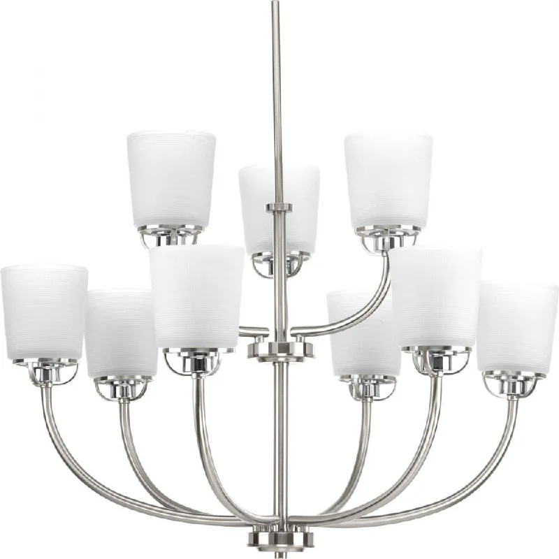 Chandeliers with Metal Frames in Gold FinishChandeliers with Metal Frames in Gold FinishWest Village Collection Nine-Light Brushed Nickel Etched Double Prismatic Glass Farmhouse Chandelier Chandeliers with Metal Frames in Gold FinishChandeliers with Metal Frames in Gold FinishWest Village Collection Nine-Light Brushed Nickel Etched Double Prismatic Glass Farmhouse Chandelier