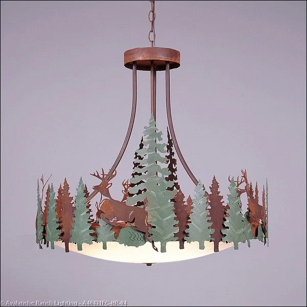 Art Deco Ceiling Lights with Geometric Patterns and Metallic FinishesArt Deco Ceiling Lights with Geometric Patterns and Metallic FinishesAvalanche Ranch Crestline-Deer A40431FC-HR-04 Pendant Light - Pine Green/Rust Patina