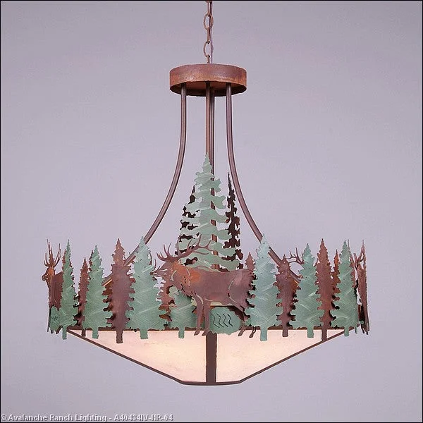 Gothic Ceiling Lights with Dark Metalwork and Pointed ArchesGothic Ceiling Lights with Dark Metalwork and Pointed ArchesAvalanche Ranch Crestline-Elk A40434IV-HR-04 Pendant Light - Pine Green/Rust Patina