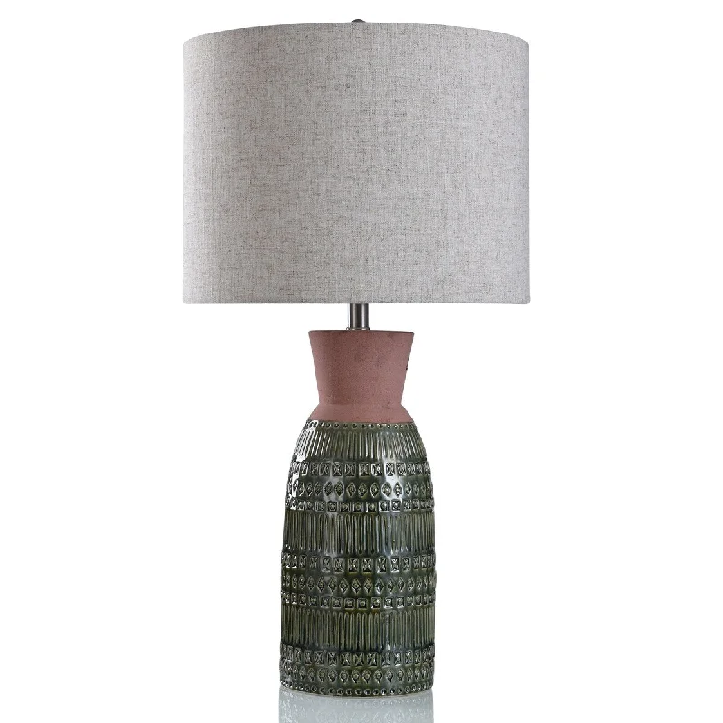 bohemian table lamps with colorful patterns for eclectic bedroomsbohemian table lamps with colorful patterns for eclectic bedroomsIuka Farmhouse- Aztec Impression Glazed Ceramic Body Table Lamp - Tan, Green - Heathered Oatmeal Beige Shade